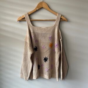 Beige Knit Sweater with Floral Accents Size Small